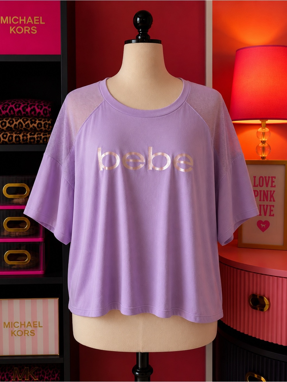 Bebe Oversized Lavender Mesh Shoulder Top